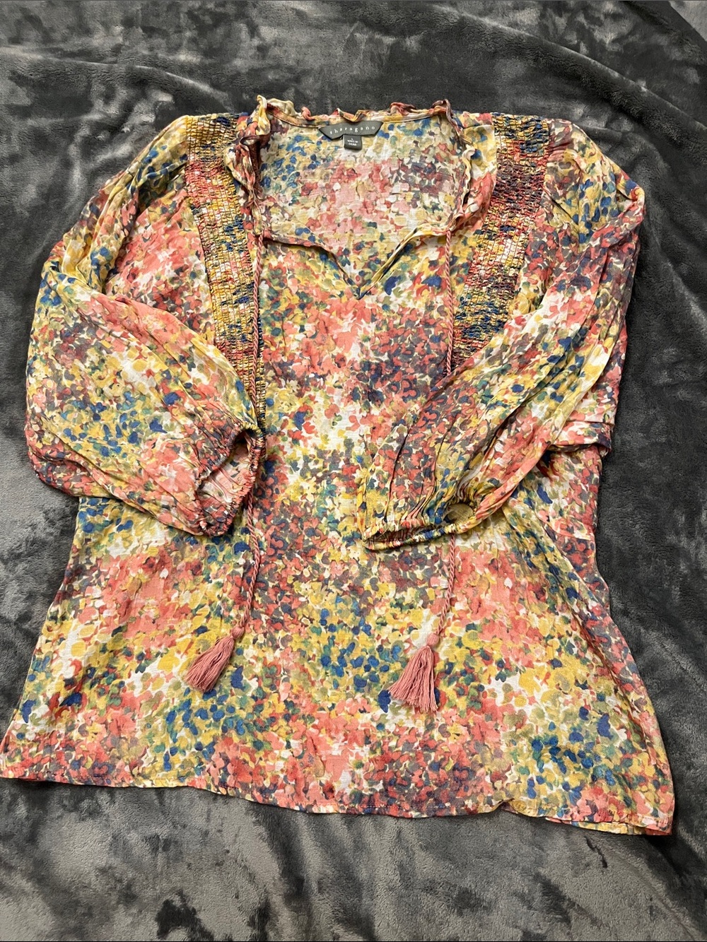 Sharagano Multicolor Floral Peasant Tunic in Pink, Yellow & Blue